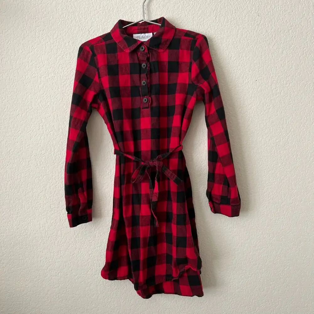 Children's Place long sleeve red black buffalo plaid tie flannel shirt dress